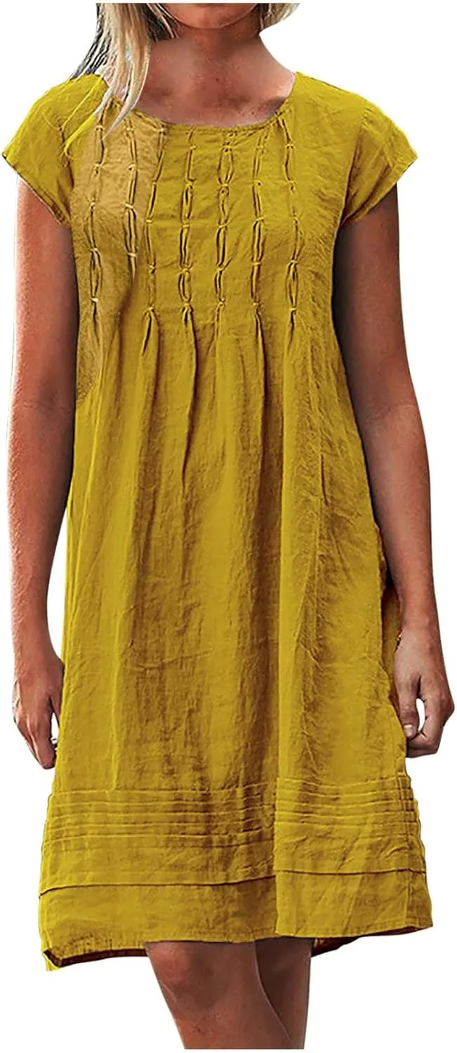 Women's Cotton Linen Dress Pleated Summer Dresses Round Neck Short Sleeve Sundress Beach Vacation Casual Mini Dress