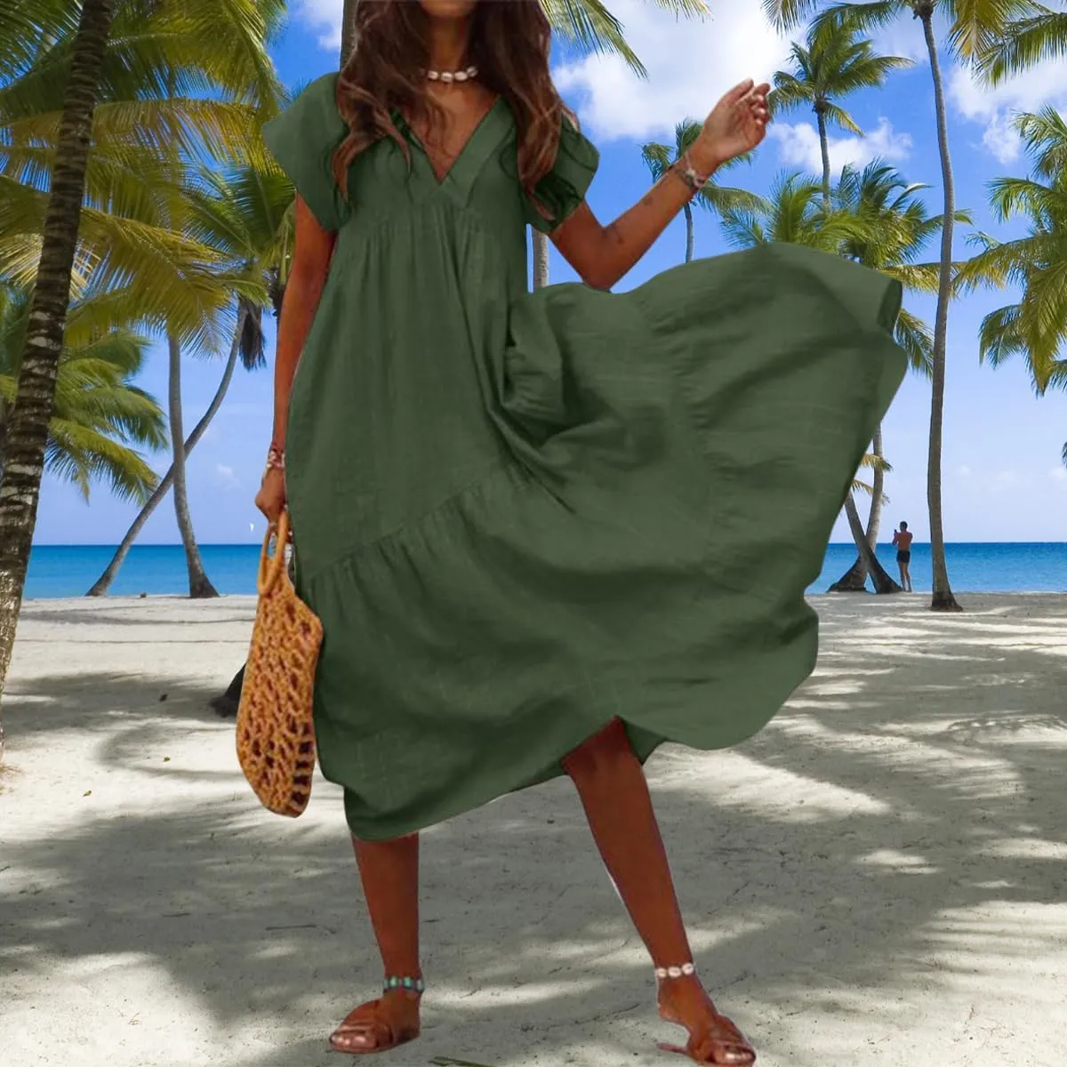 Womens Linen Midi Dress Plus Size Short Sleeve V Neck Cotton Linen Midi Dresses Casual Loose Solid Cute Pleated Dress