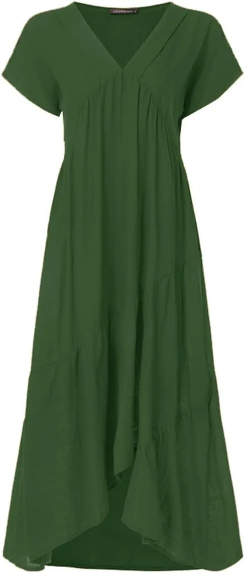 Womens Linen Midi Dress Plus Size Short Sleeve V Neck Cotton Linen Midi Dresses Casual Loose Solid Cute Pleated Dress