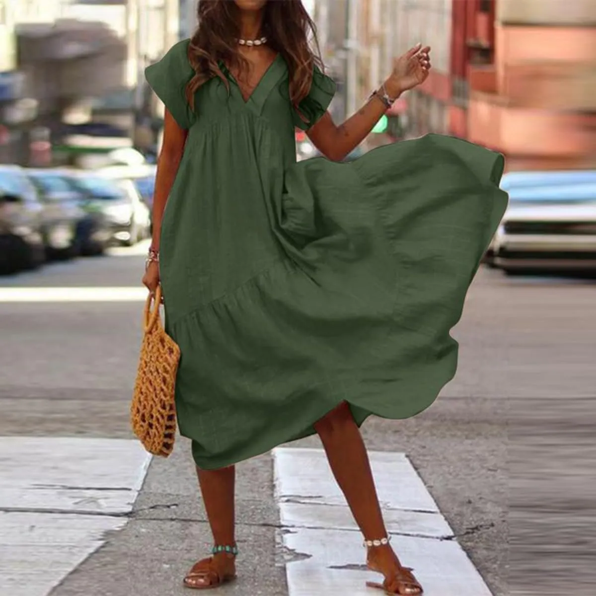 Womens Linen Midi Dress Plus Size Short Sleeve V Neck Cotton Linen Midi Dresses Casual Loose Solid Cute Pleated Dress