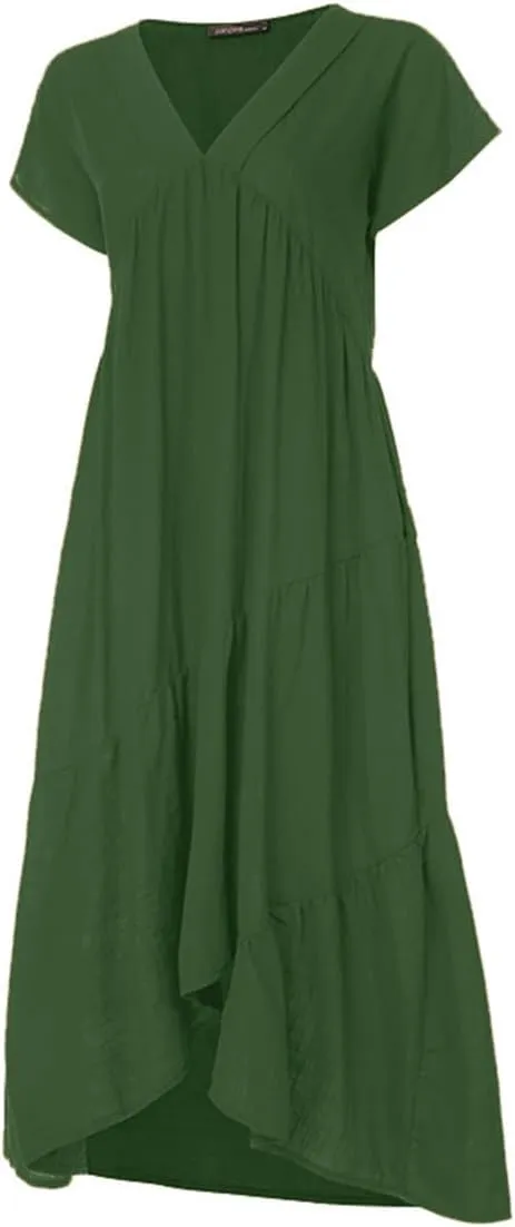 Womens Linen Midi Dress Plus Size Short Sleeve V Neck Cotton Linen Midi Dresses Casual Loose Solid Cute Pleated Dress