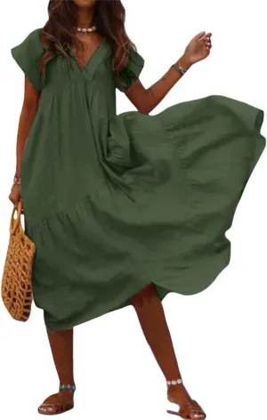 Womens Linen Midi Dress Plus Size Short Sleeve V Neck Cotton Linen Midi Dresses Casual Loose Solid Cute Pleated Dress