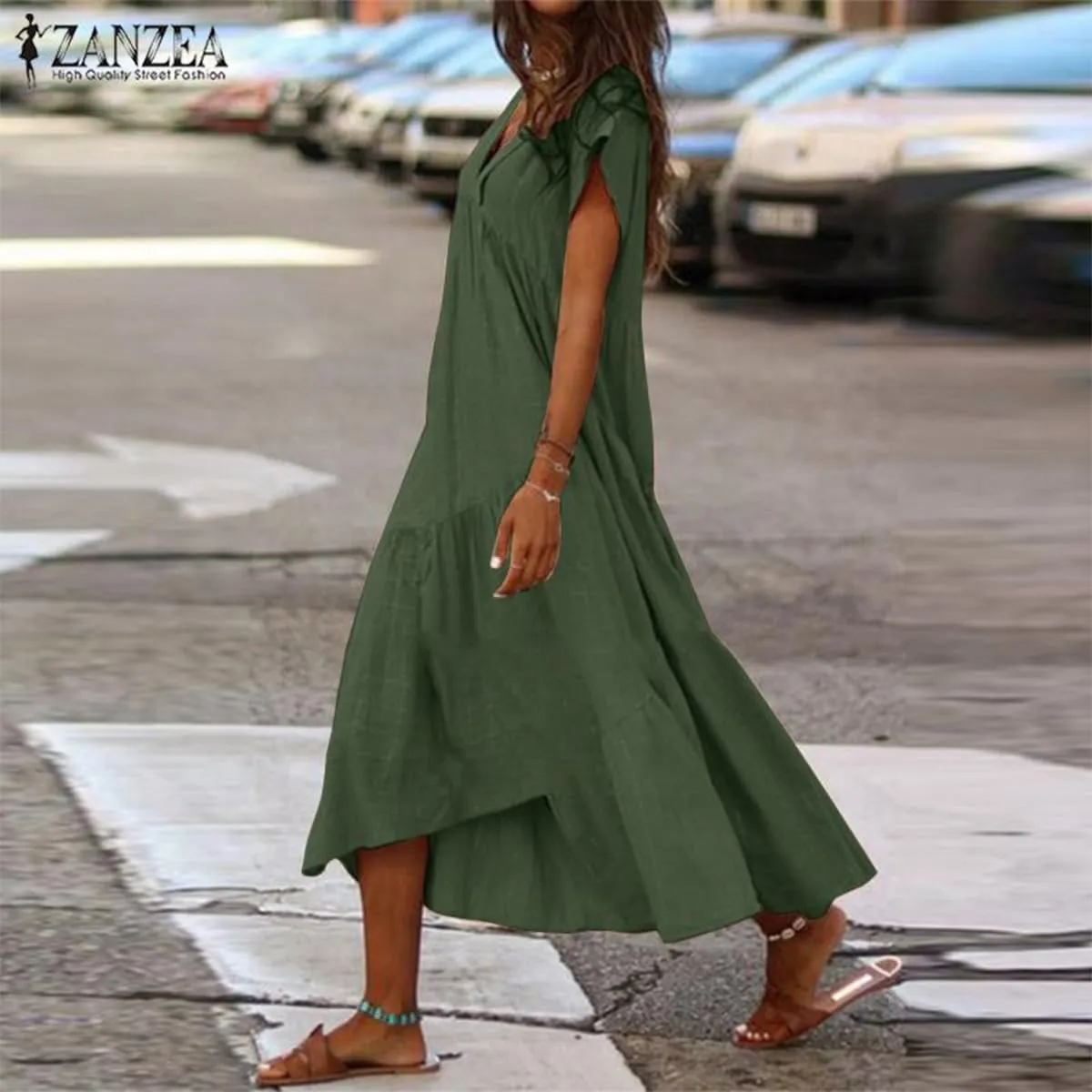 Womens Linen Midi Dress Plus Size Short Sleeve V Neck Cotton Linen Midi Dresses Casual Loose Solid Cute Pleated Dress