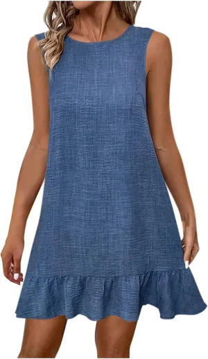 Women's Ruffle Hem Sleeveless Tank Dress Round Neck Casual Summer Mini Dresses Twist Kont Back Beach Sundress