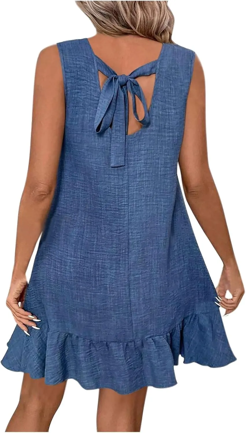 Women's Ruffle Hem Sleeveless Tank Dress Round Neck Casual Summer Mini Dresses Twist Kont Back Beach Sundress