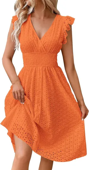 Women's Summer Lace Jacquard V Neck Wrap Sundress Ruffle Sleeve Boho Floral Elastic Waist Cute Mini Short Dresses 2024 Orange