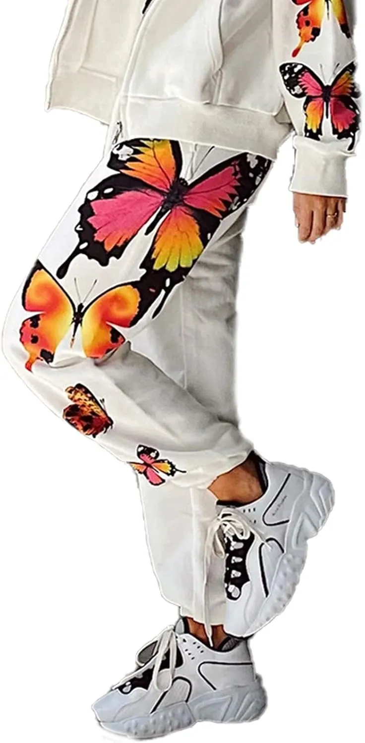 Women's Sweatpants High Waist Sporty Gym Athletic Fit Jogger Pants Lounge Trousers Butterfly Pattern