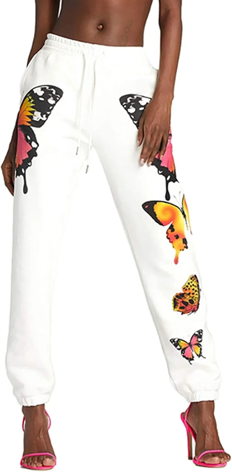 Women's Sweatpants High Waist Sporty Gym Athletic Fit Jogger Pants Lounge Trousers Butterfly Pattern