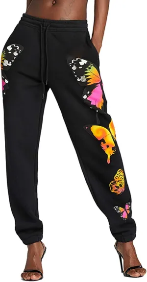 Women's Sweatpants High Waist Sporty Gym Athletic Fit Jogger Pants Lounge Trousers Butterfly Pattern